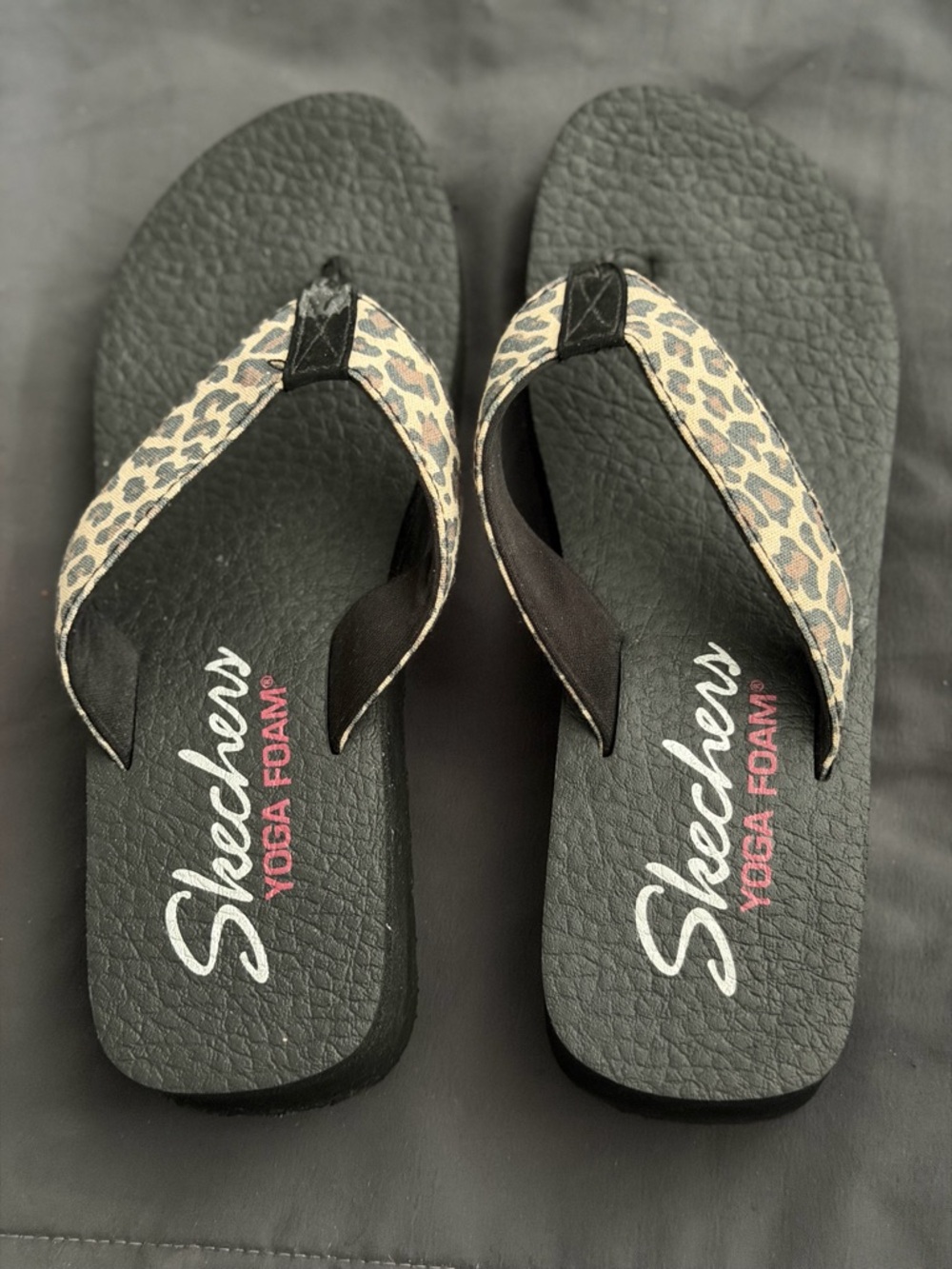 Skechers Women's Black Flip Flops with Leopard-Print Straps